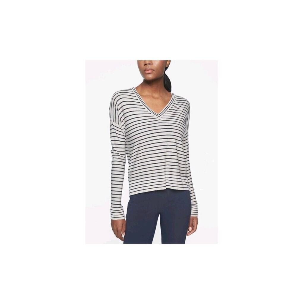 Athleta Retreat Striped V-Neck Sweater Silk/Cashmere Size Small